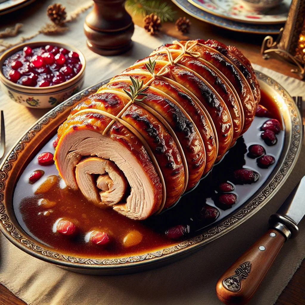 Sliced rolled turkey roast on a platter garnished with fresh herbs