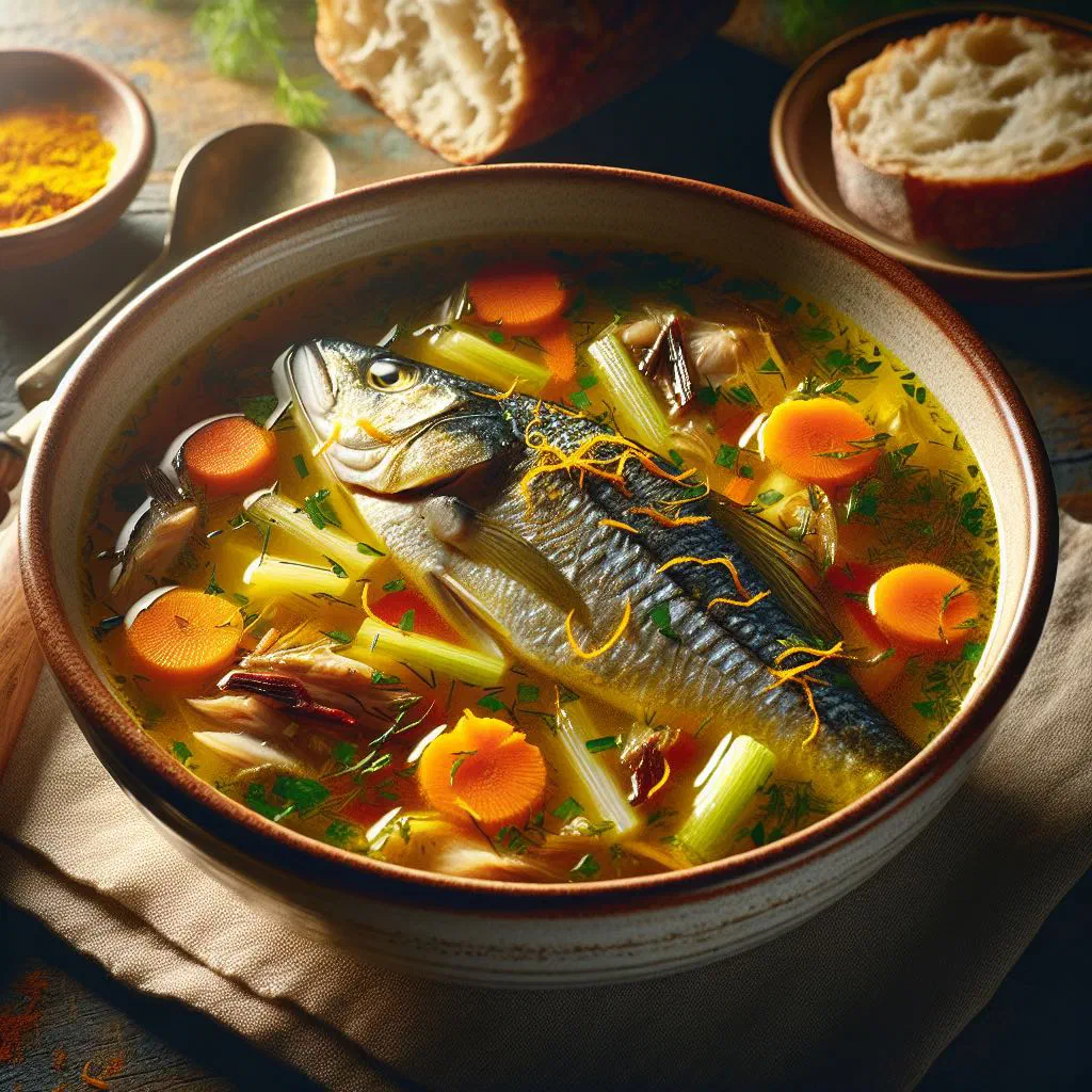 Bowl of golden saffron fish soup with vegetables and fresh herbs