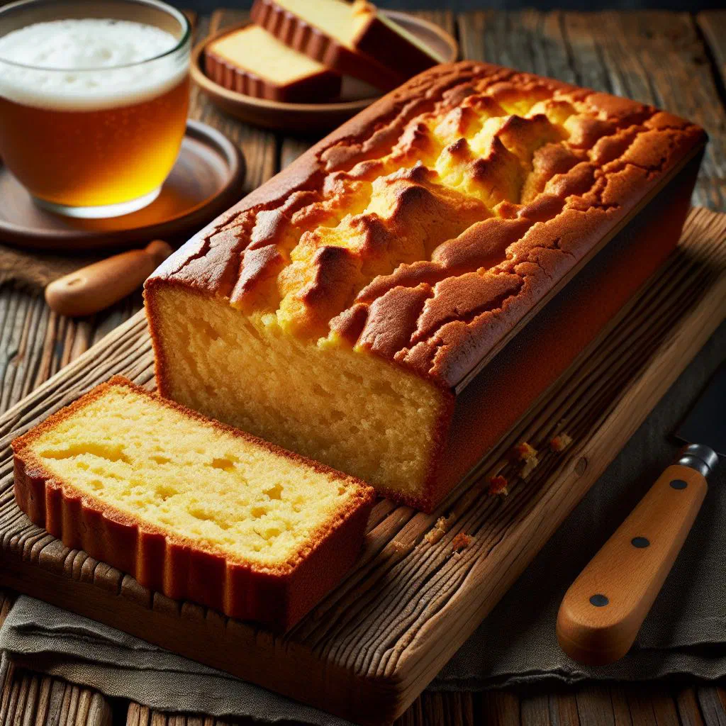 Golden German sand cake loaf dusted with icing sugar, sliced on a plate