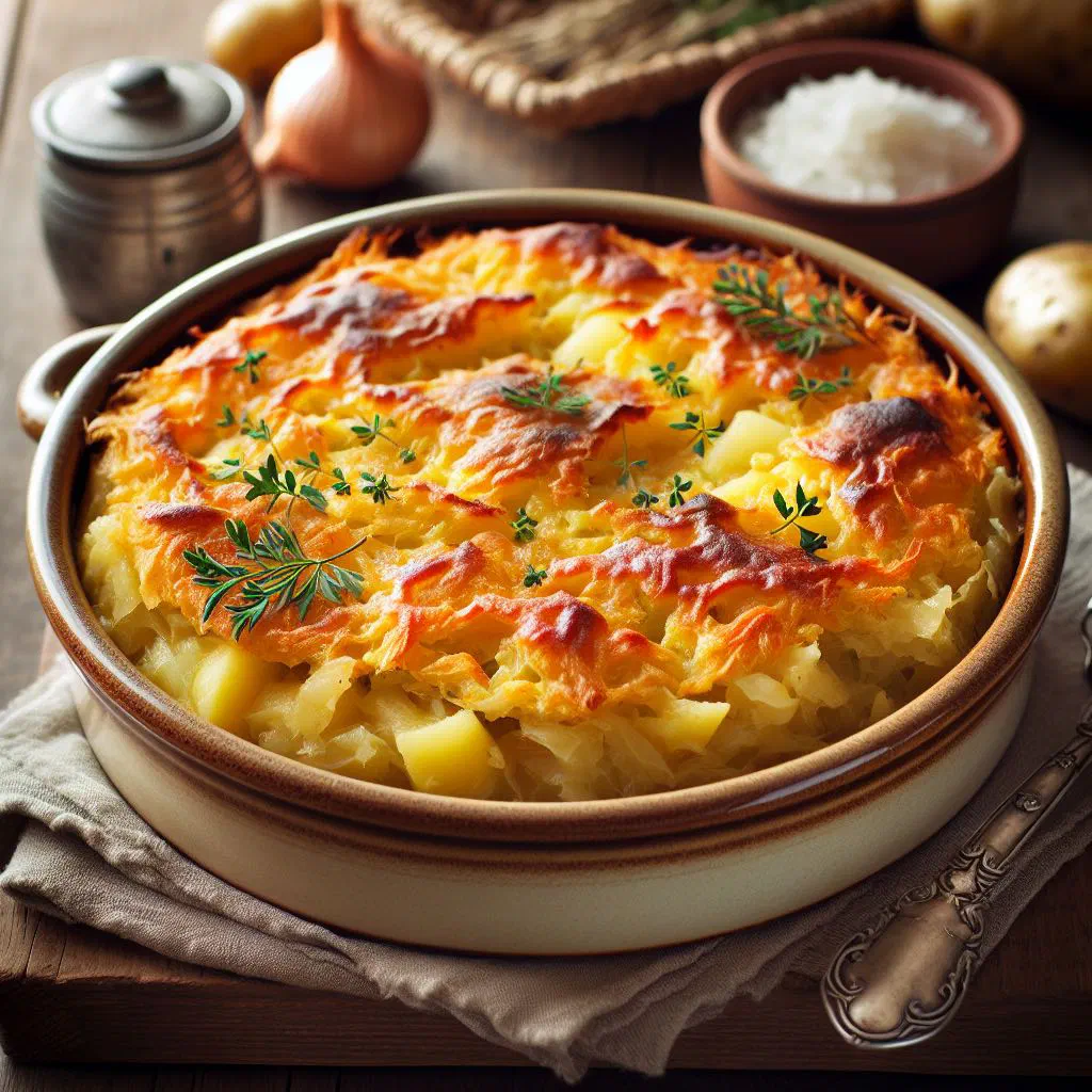 Golden-baked sauerkraut and potato casserole fresh from the oven