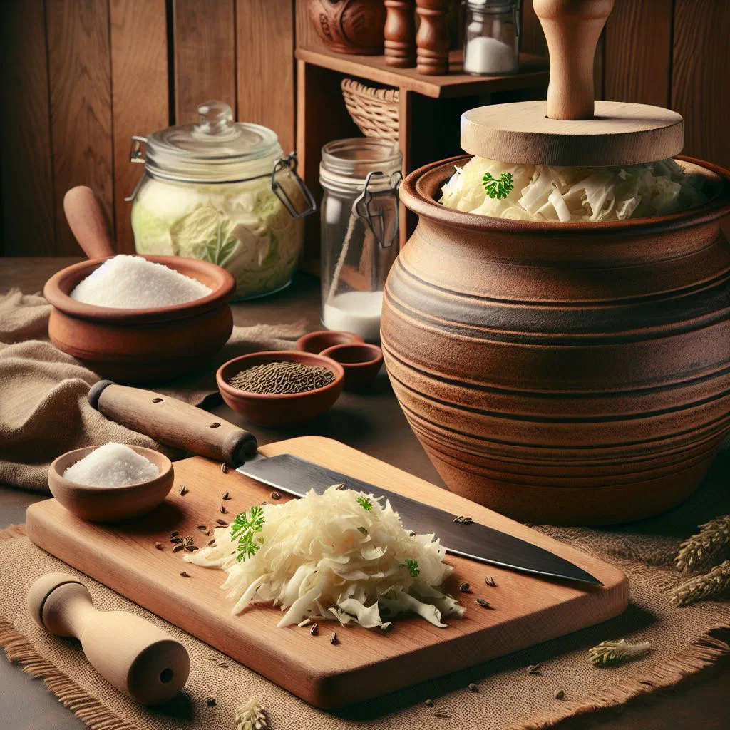 A bowl of homemade fermented sauerkraut with caraway seeds