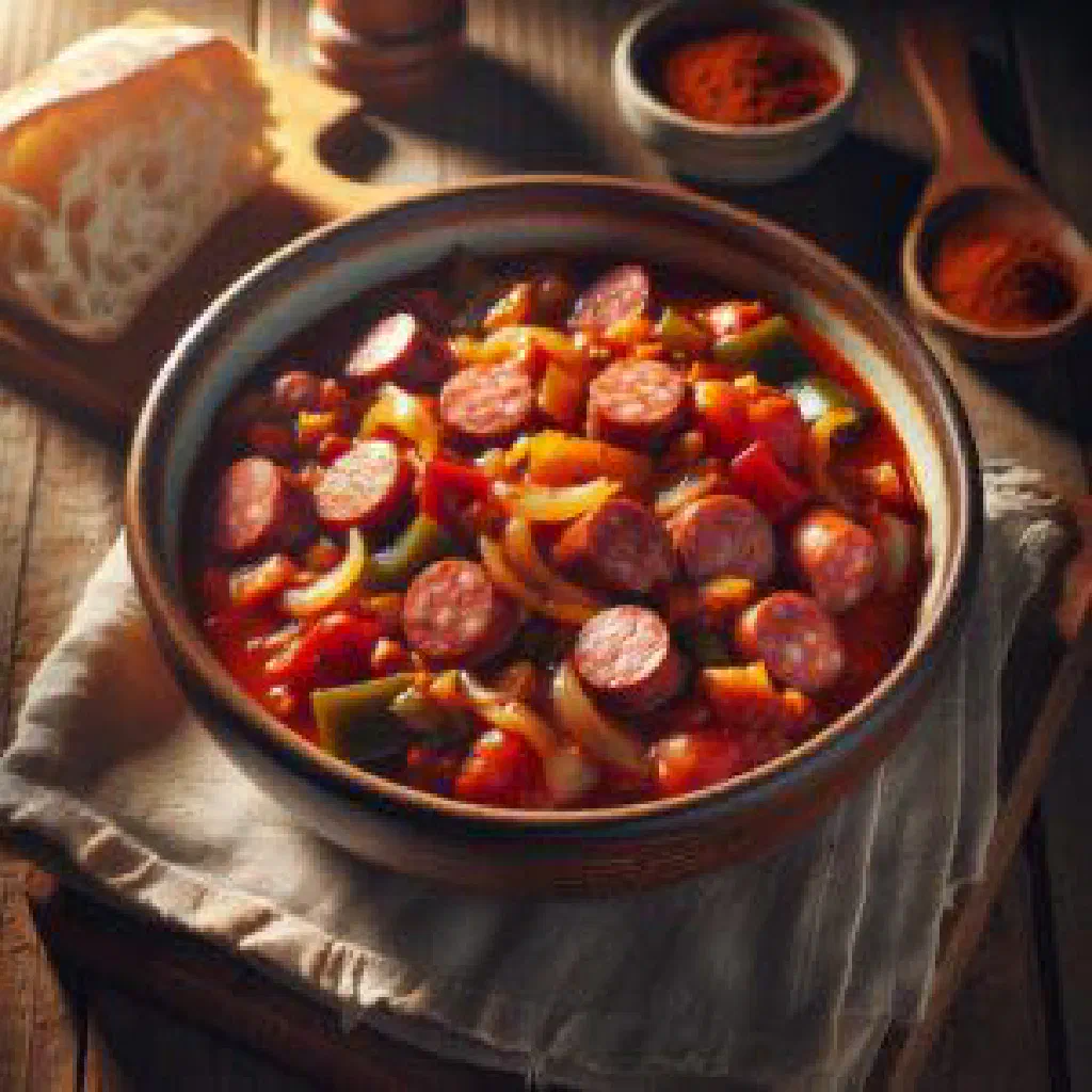 Hearty sausage goulash with bratwurst slices in a spicy tomato and curry sauce