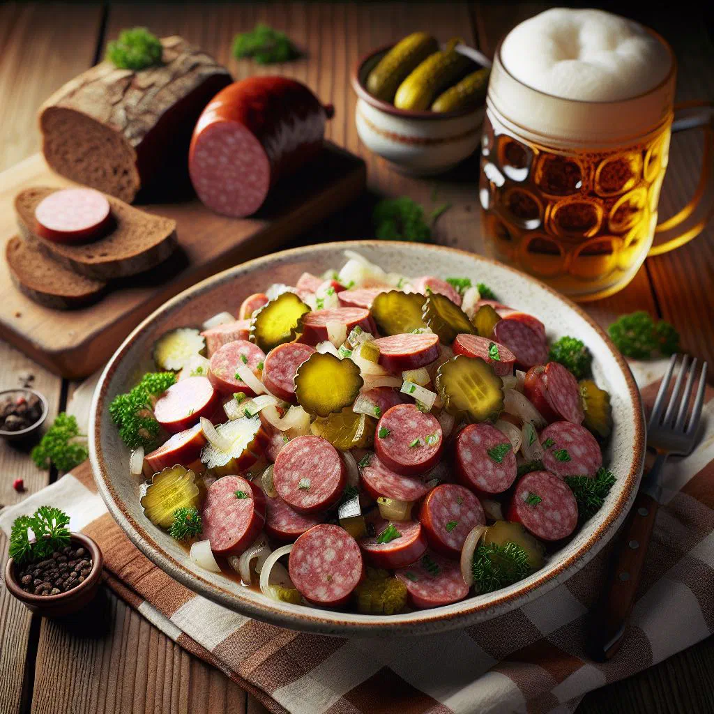 Sausage salad with sliced bologna, onions and gherkins in a tangy dressing