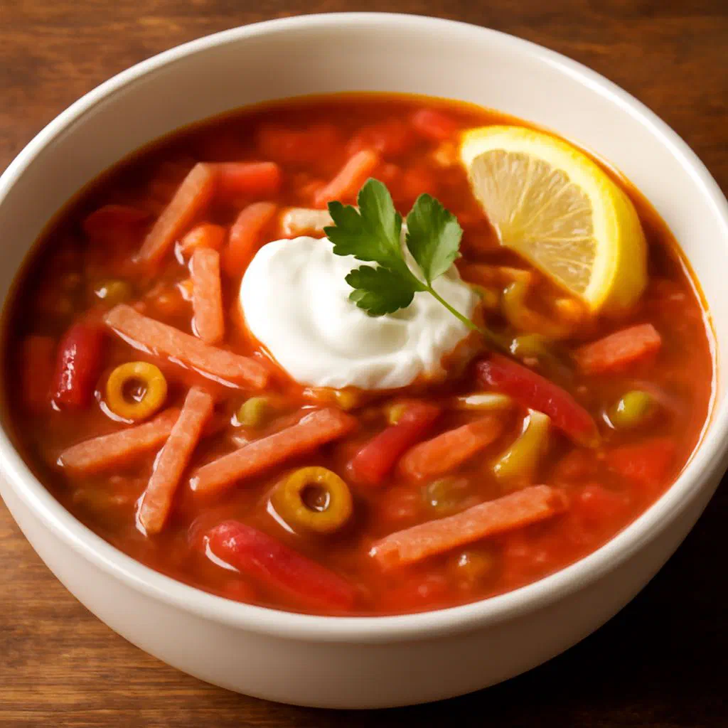 A bowl of sausage soljanka topped with a dollop of soured cream