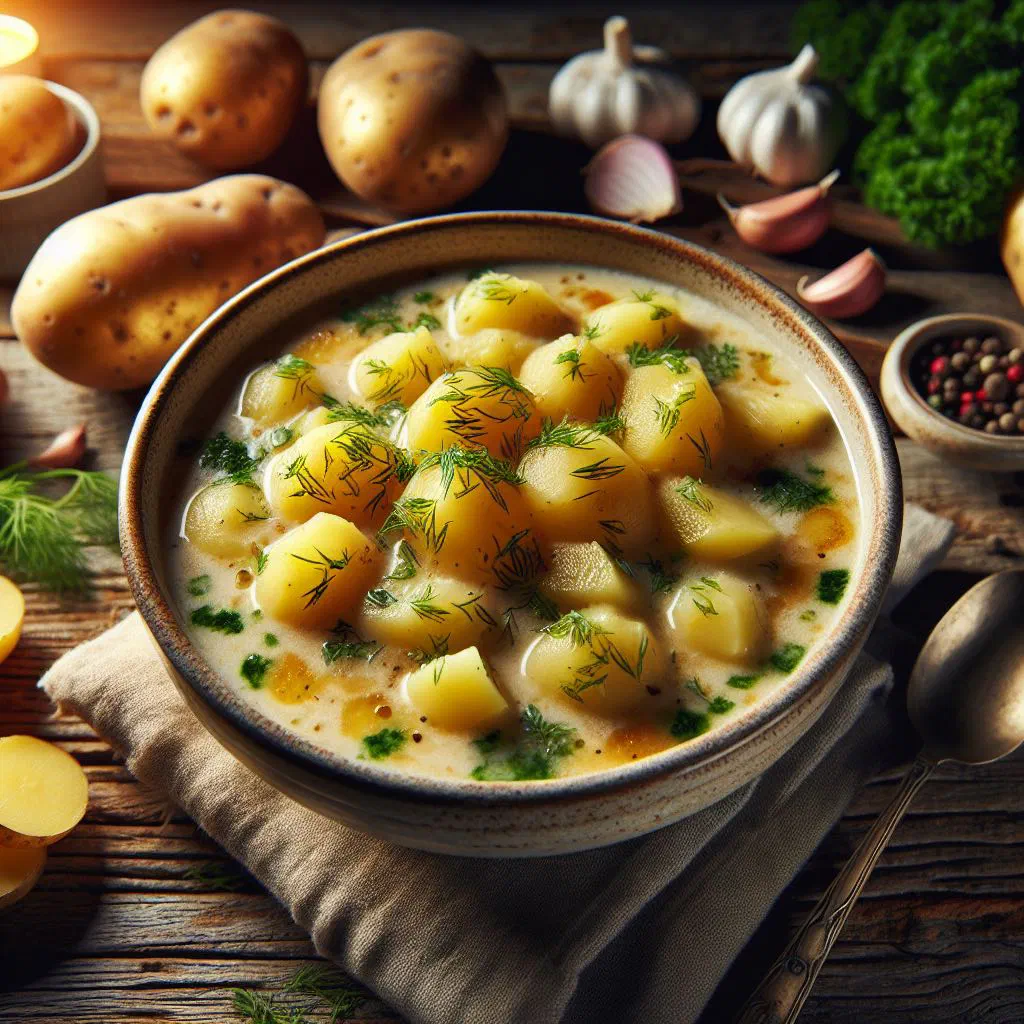 Creamy Saxon potato soup garnished with fresh herbs