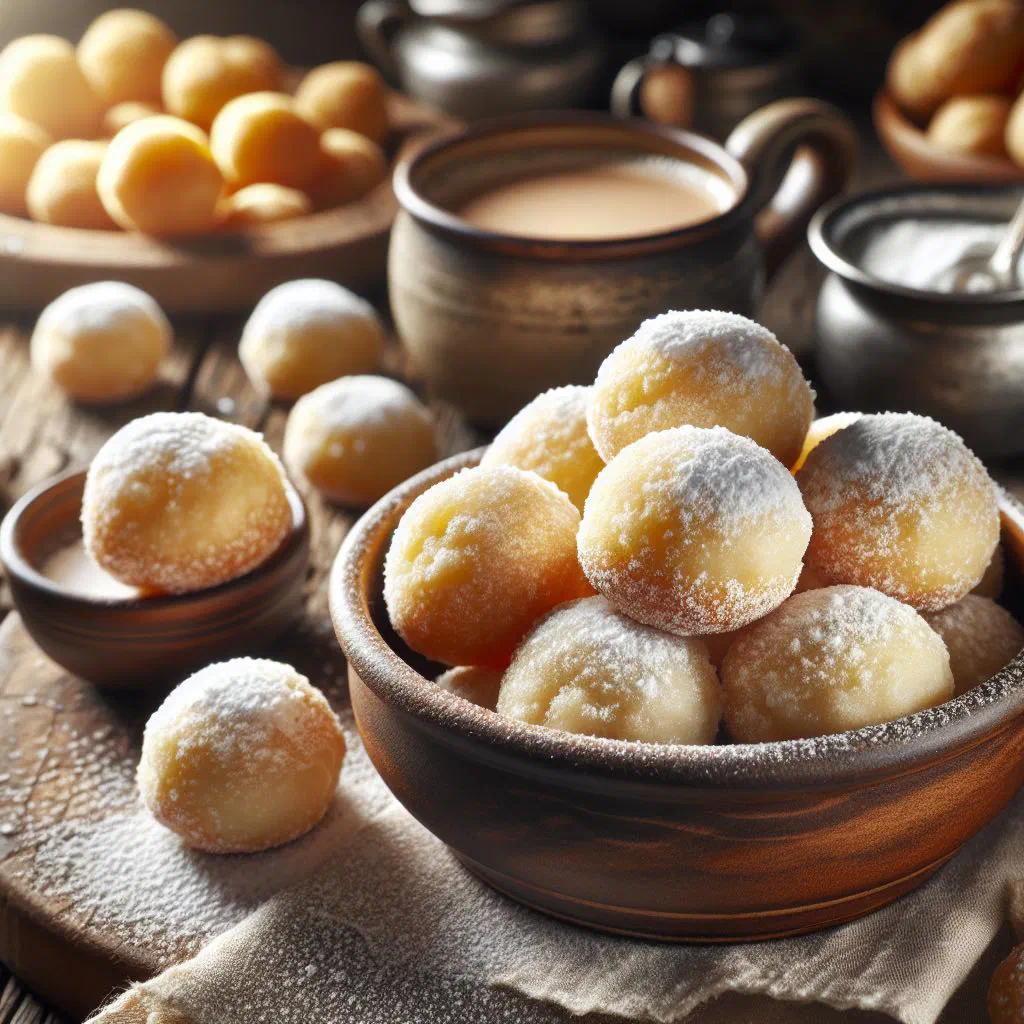 Golden Saxon quark potato cakes dusted with sugar and served with apple sauce
