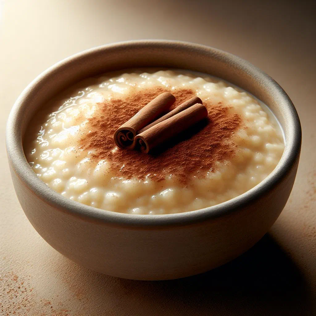 Creamy semolina pudding in a bowl topped with cinnamon and fresh fruit