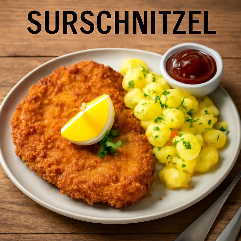 Golden, crispy breaded sour schnitzel served with potatoes and a lemon wedge