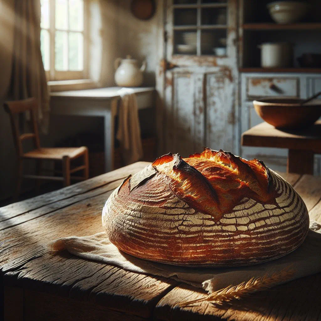 Rustic loaf of German sourdough bread with a crackly golden crust