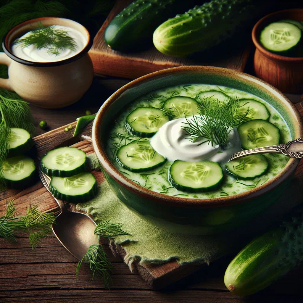 Chilled Spreewald cucumber soup garnished with fresh dill