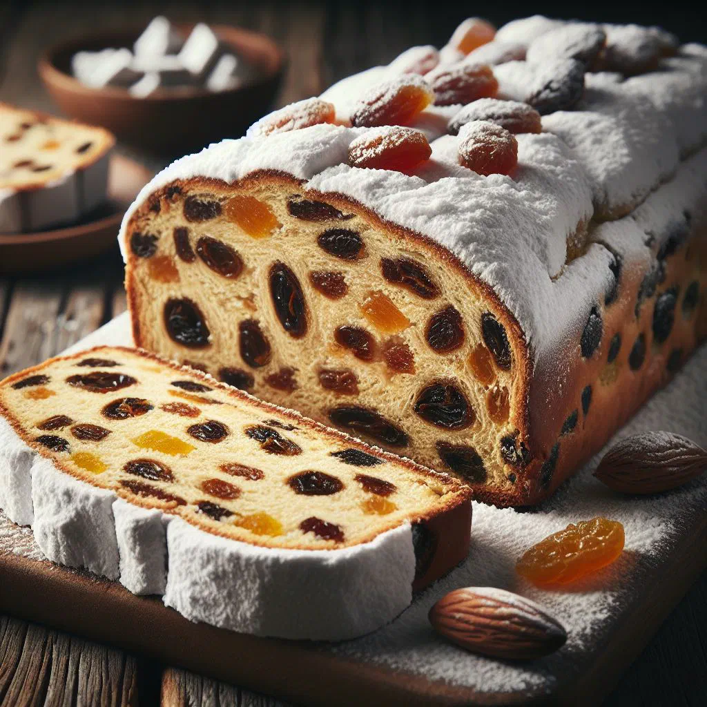 A festive German Stollen dusted with icing sugar, sliced to reveal a marzipan filling