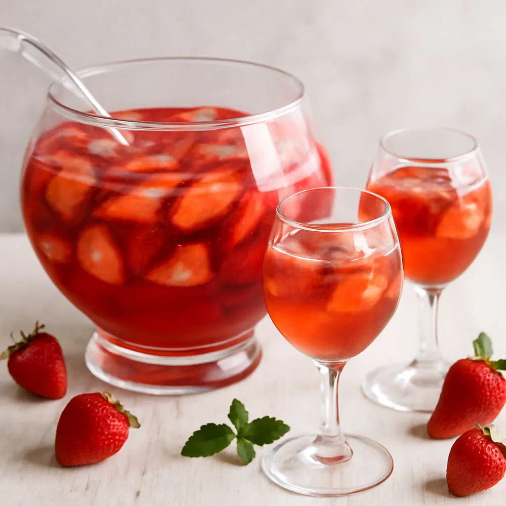 Glass of strawberry punch with fresh strawberry pieces and ice