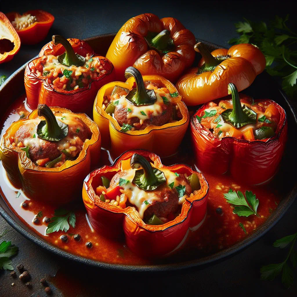 Colourful stuffed peppers filled with minced meat and rice in a tomato sauce