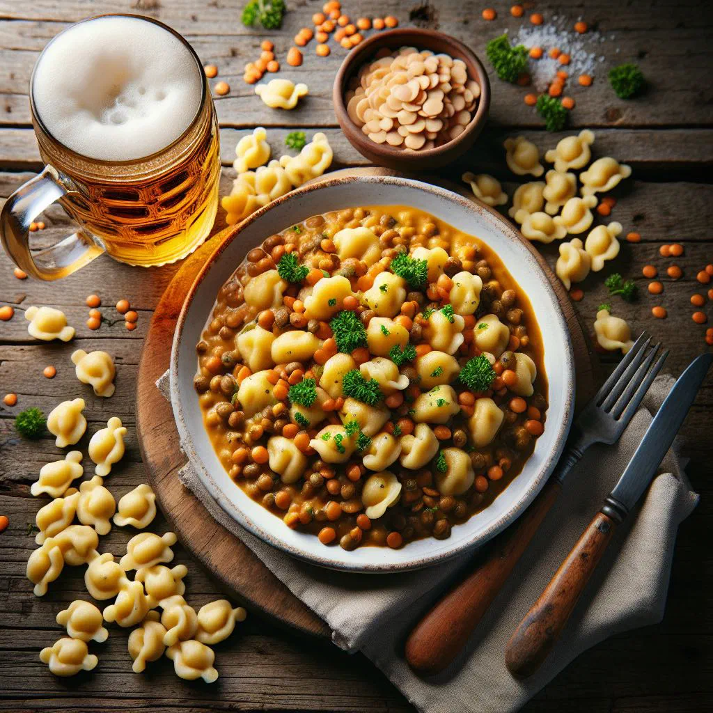A bowl of Swabian lentils served with fresh spätzle