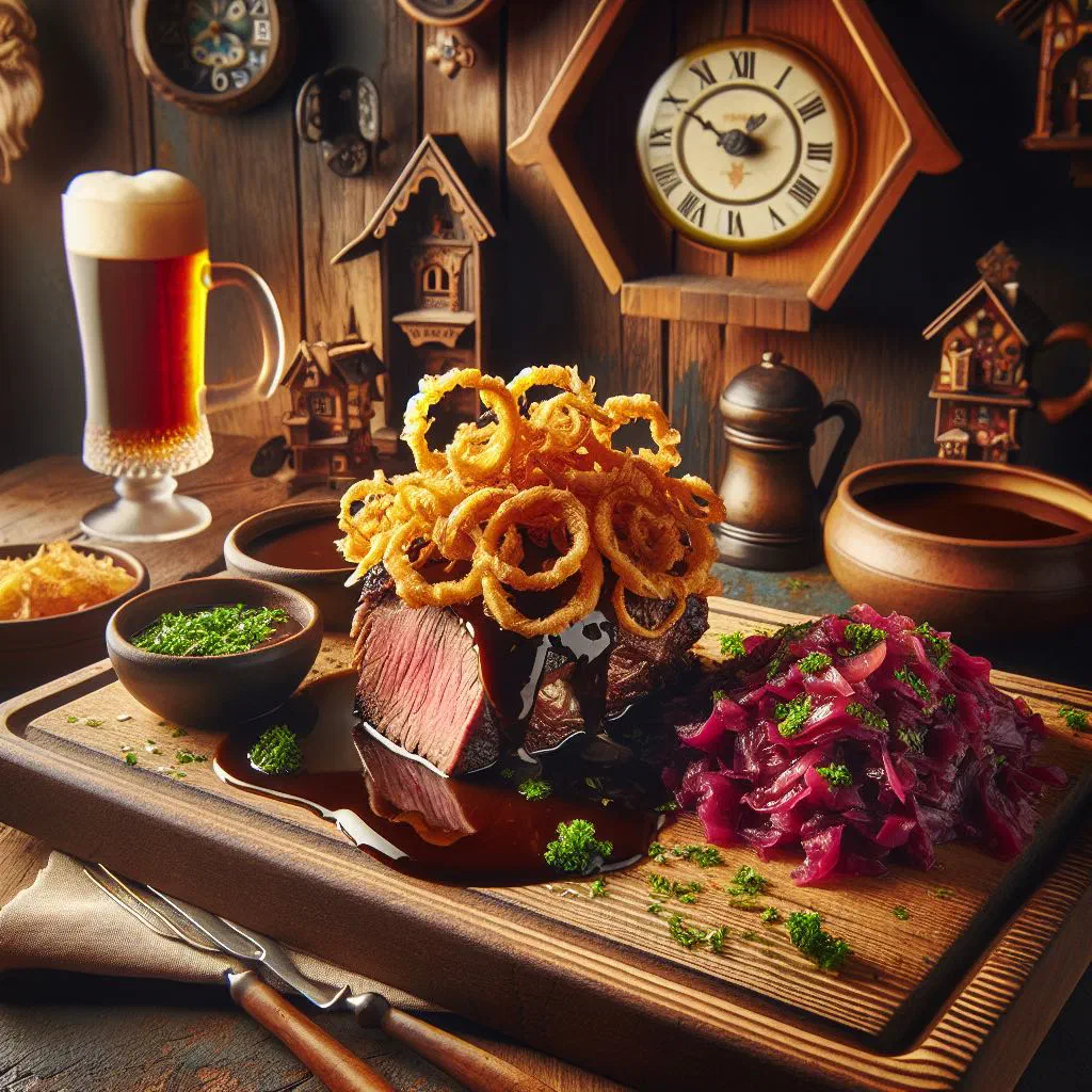 Swabian onion roast beef topped with crispy fried onions and gravy
