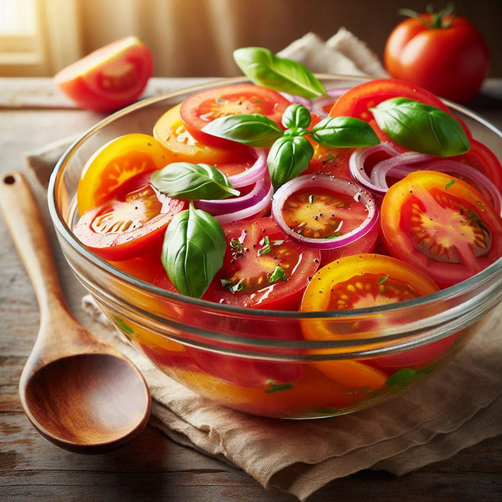 Fresh tomato salad with red onion and basil in a light dressing