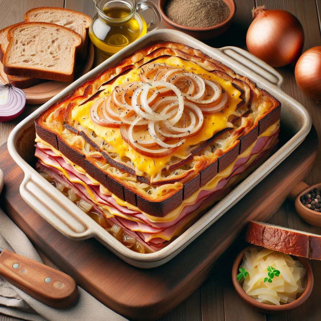 Golden-baked Westphalian pumpernickel casserole topped with melted cheese and parsley