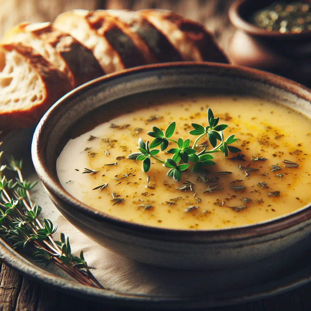 Bowl of golden wine soup garnished with fresh parsley