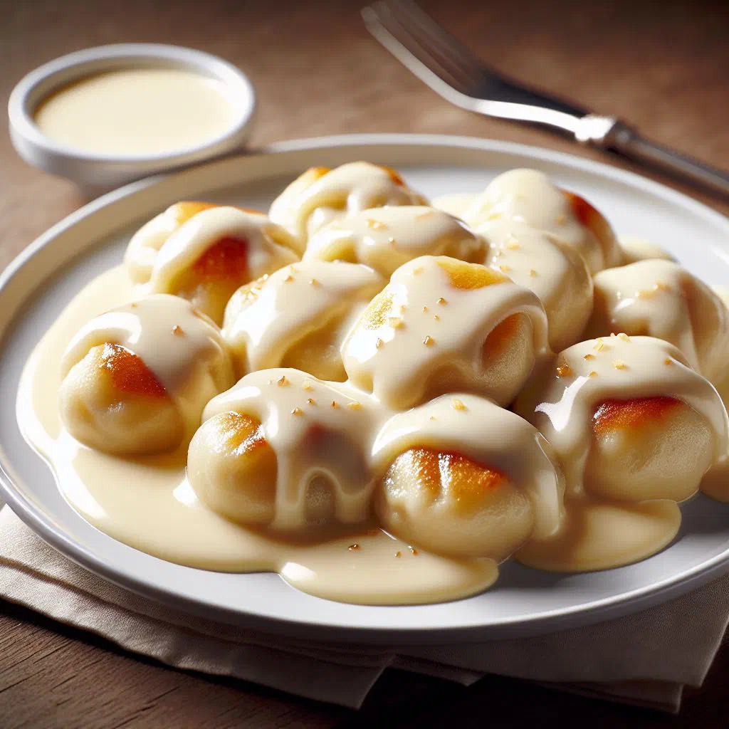Soft yeast dumplings drizzled with creamy vanilla sauce in a bowl