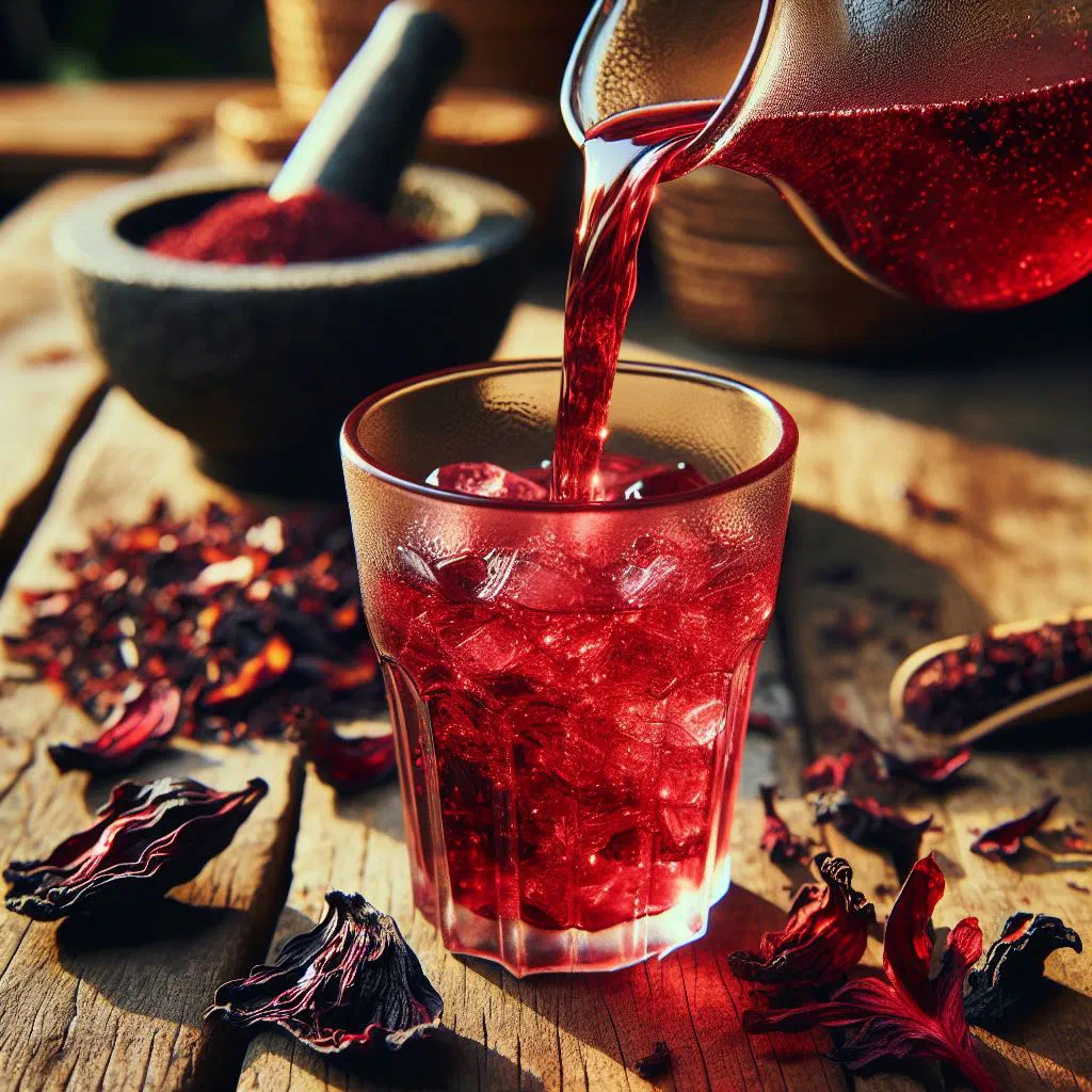 A tall glass of bright red sobolo hibiscus drink garnished with fresh mint