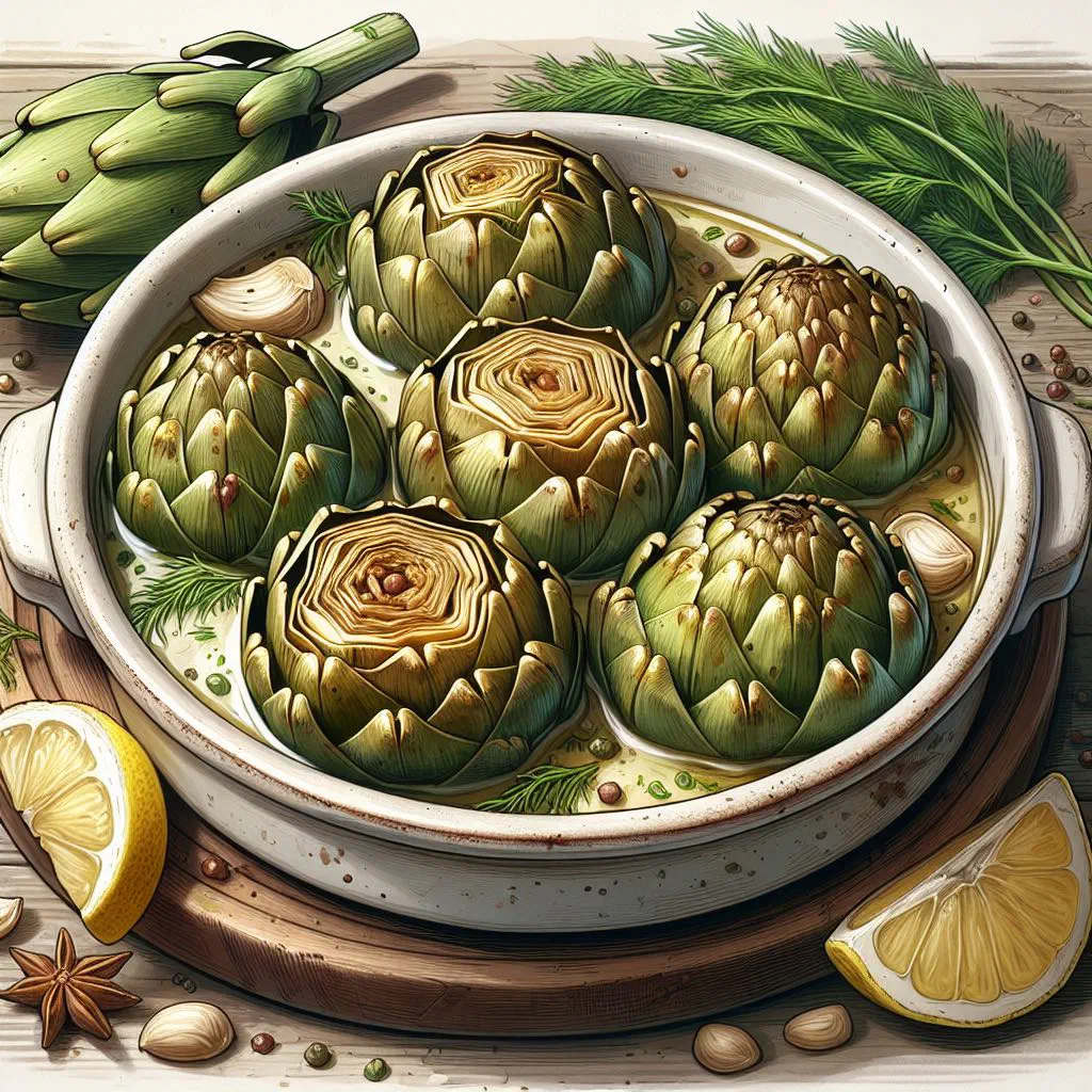 Tender Greek artichokes dressed with olive oil, lemon and fresh herbs