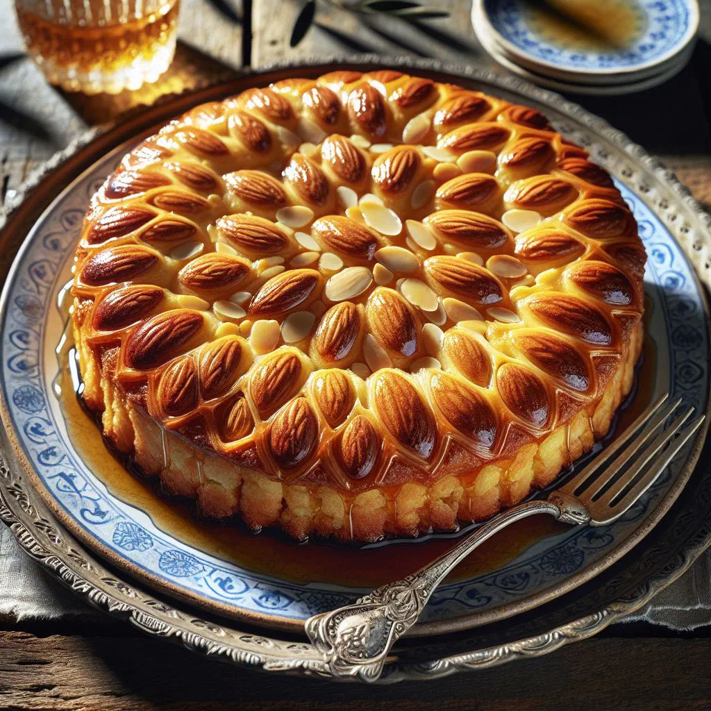 A slice of moist Greek almond cake dusted with icing sugar