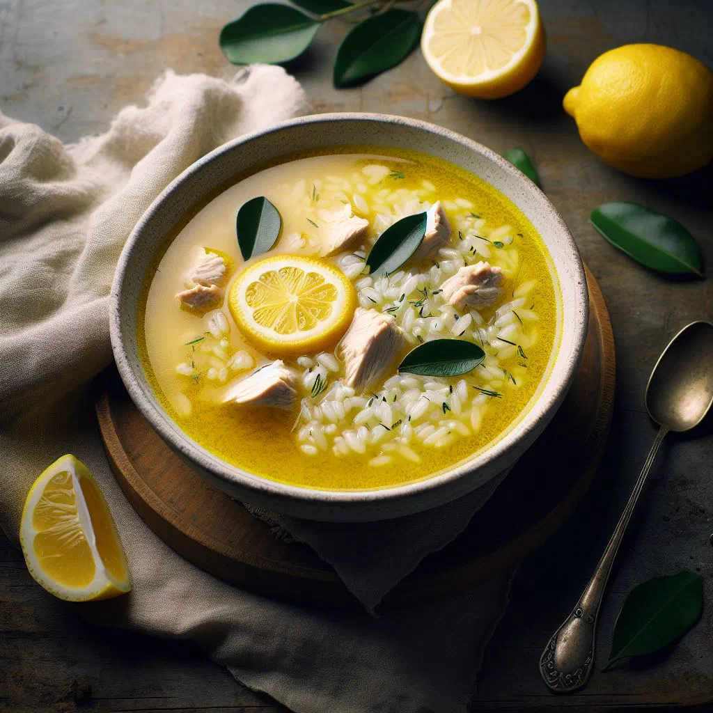 Creamy Greek avgolemono soup garnished with fresh parsley and lemon