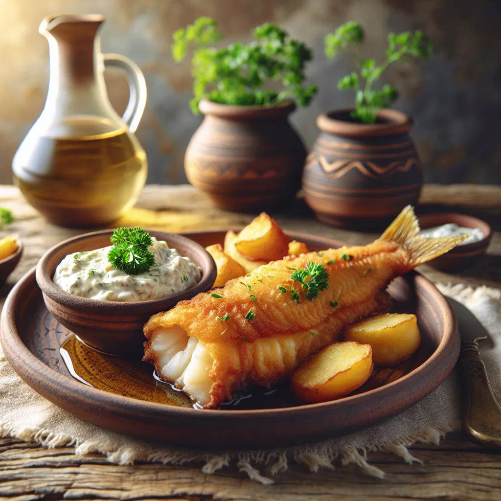 Golden fried cod fillets served with creamy garlic skordalia sauce