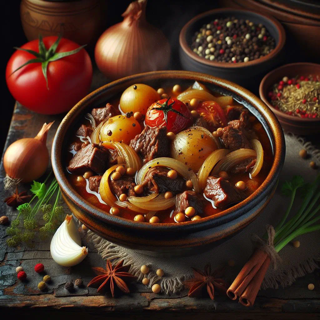 Beef stifado braised in red wine with onions and cinnamon in a rustic bowl