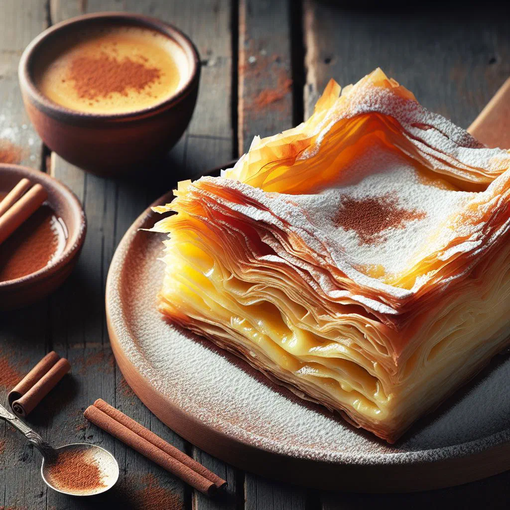 Golden bougatsa dusted with icing sugar and cinnamon