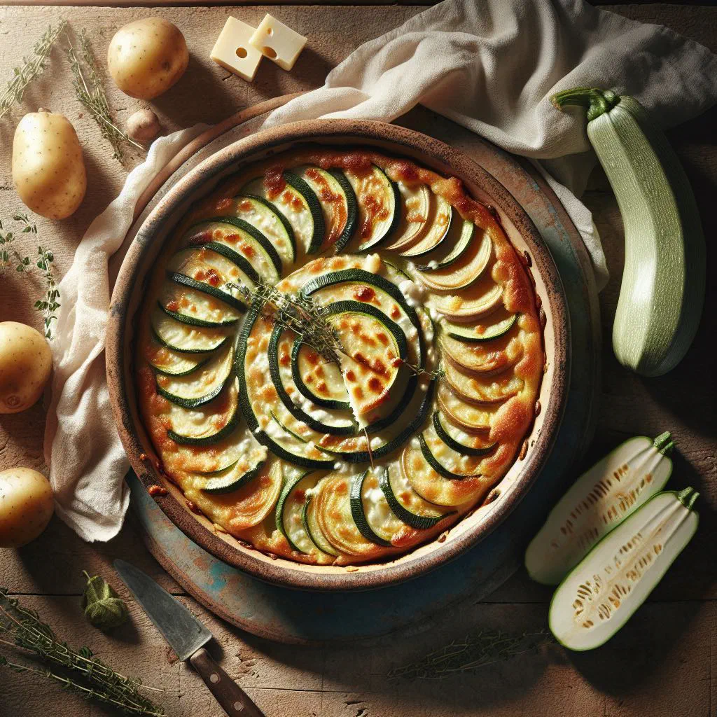 Golden baked boureki with layers of courgette, potato and feta
