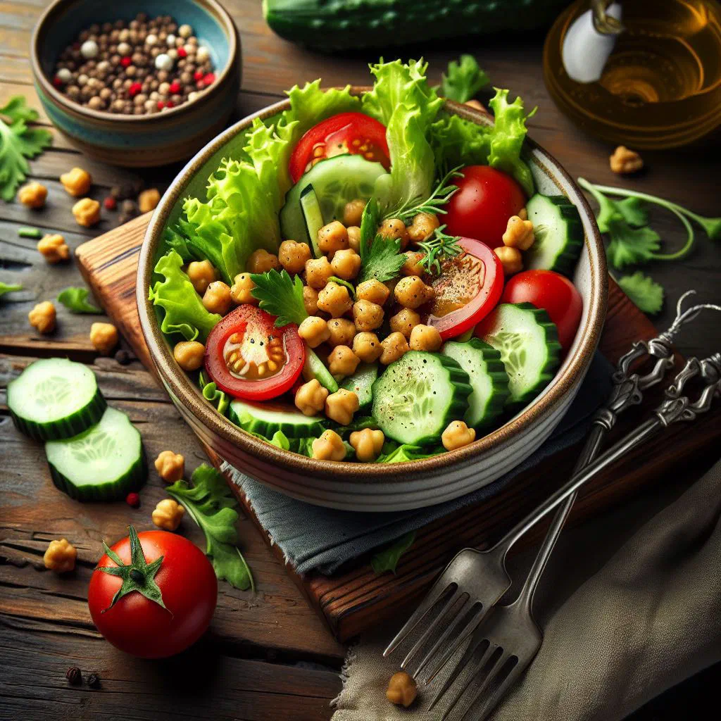 Greek chickpea salad with tomato, cucumber, red onion and parsley