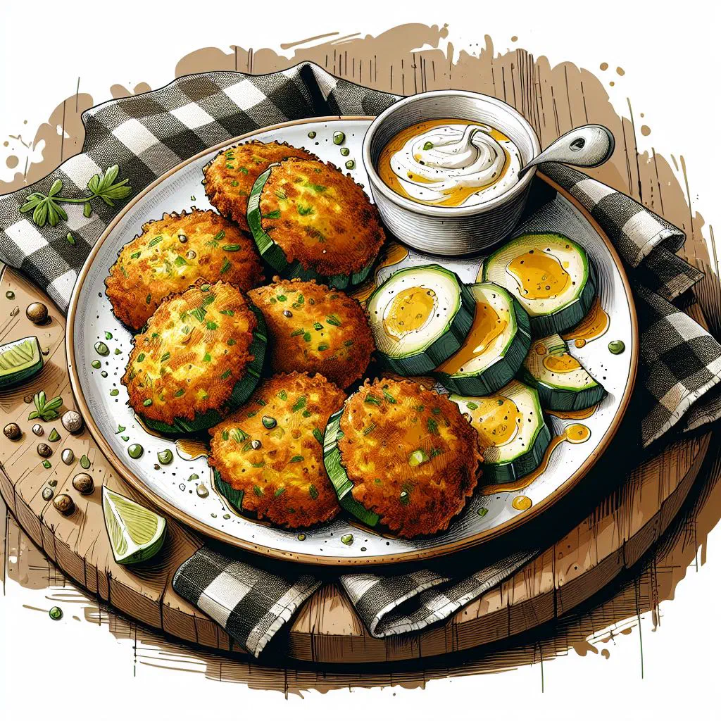 Golden Greek courgette fritters served with a creamy yoghurt dip
