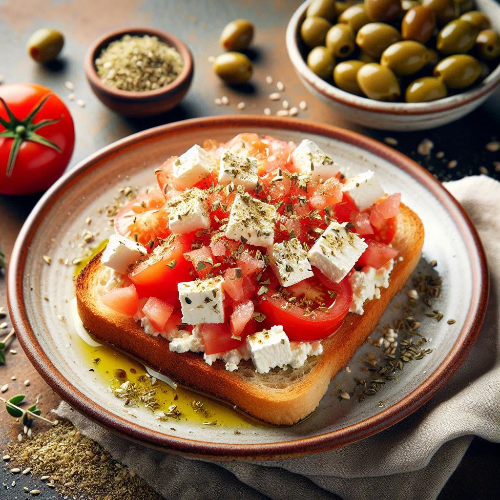 Dakos topped with diced tomatoes, crumbled feta, olives and oregano on a barley rusk