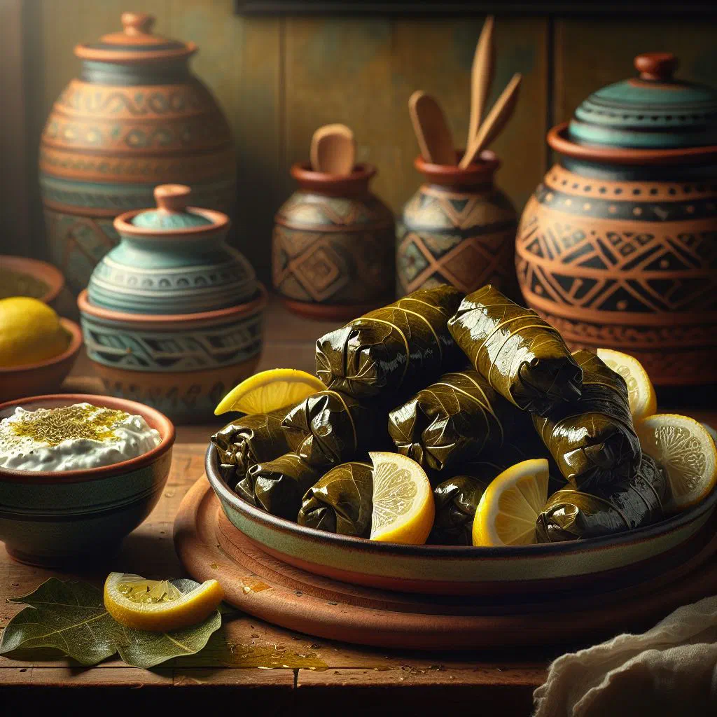 Stuffed vine leaves arranged on a plate with lemon wedges