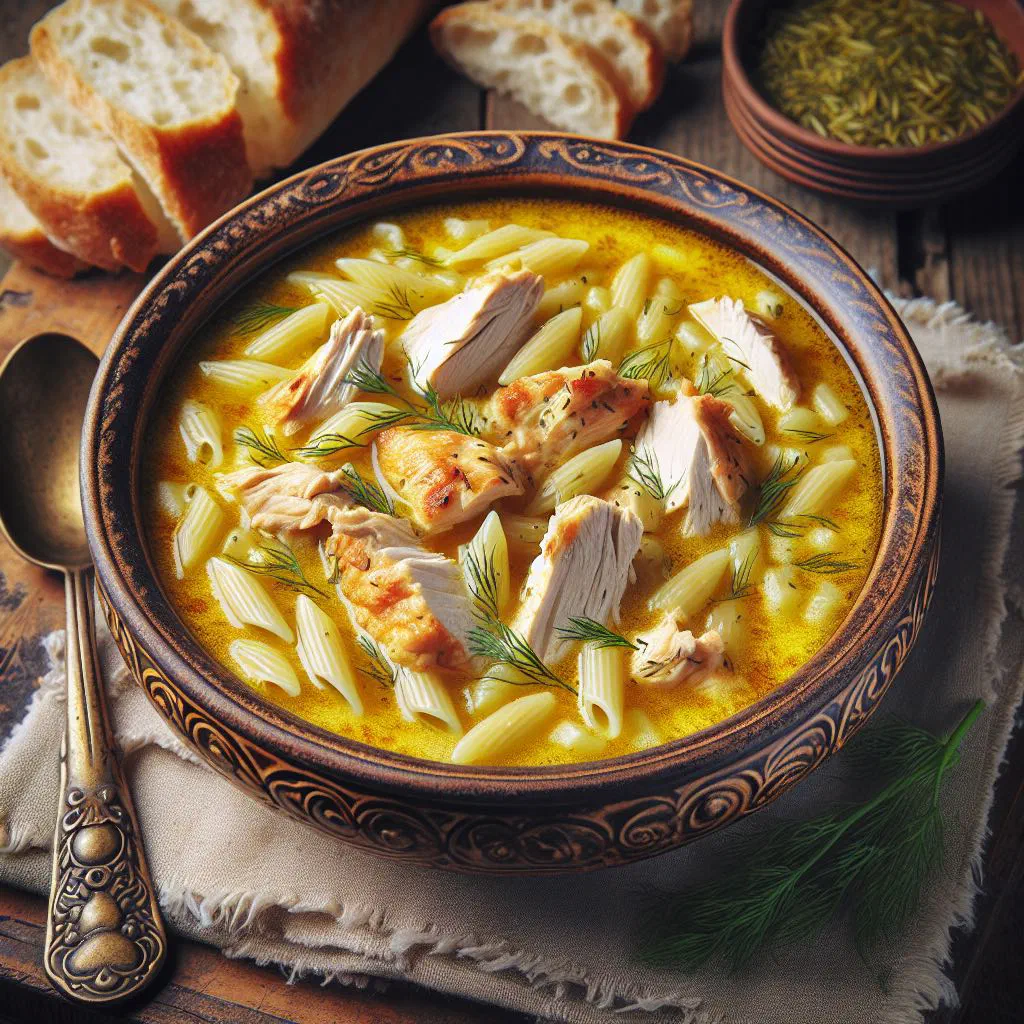 A bowl of Greek lentil and vegetable soup finished with olive oil and lemon