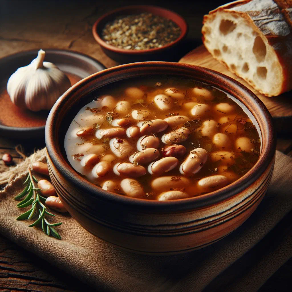 A bowl of Greek fasolada bean soup garnished with fresh parsley