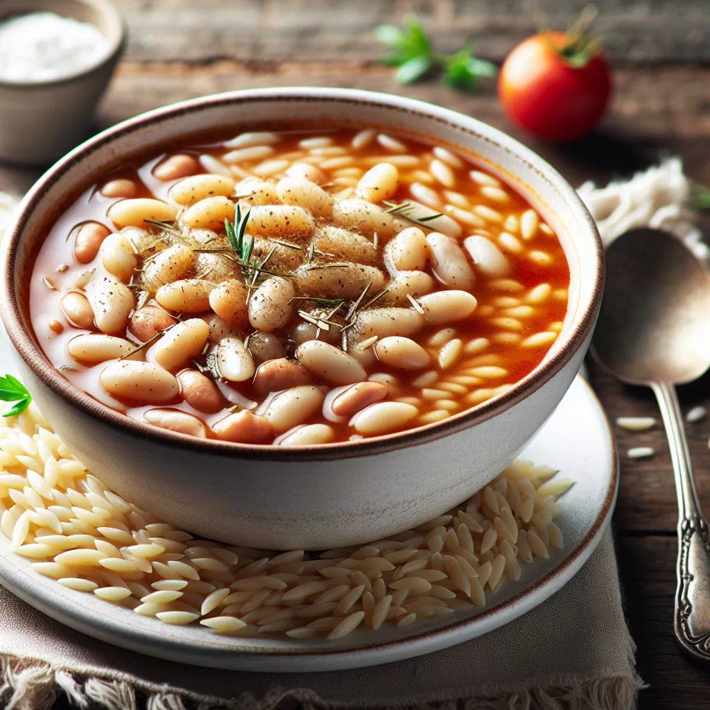 A bowl of Greek fasolada bean soup with orzo, garnished with parsley and olive oil