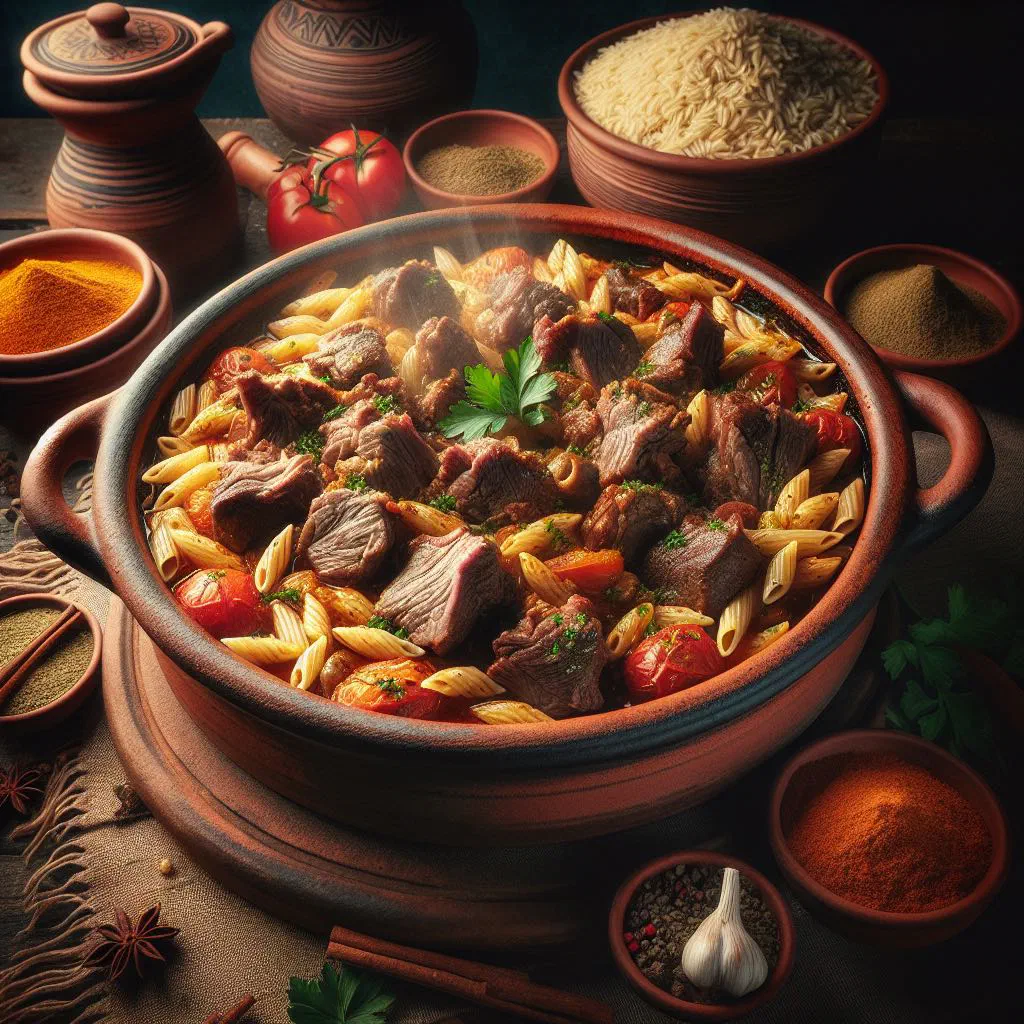 Giouvetsi with tender meat and orzo pasta in a rich tomato sauce