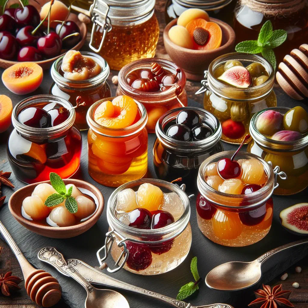 Glyka tou koutaliou, syrup-soaked fruit served by the spoonful in a small glass dish