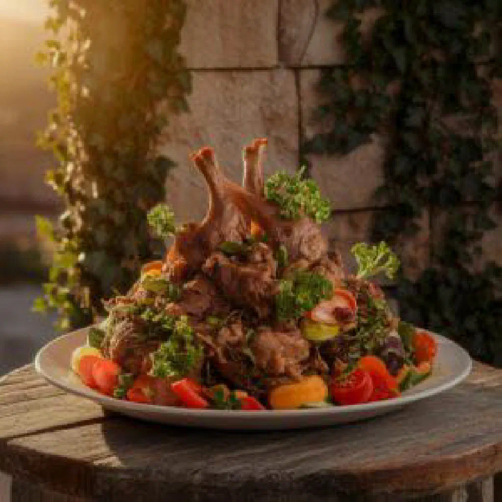 Grilled Greek karnache meat skewers garnished with herbs and lemon