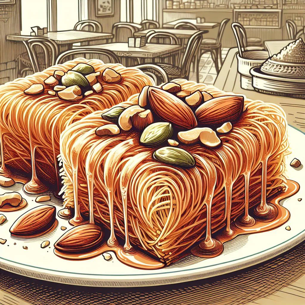 Golden kataifi rolls of crisp shredded pastry soaked in syrup