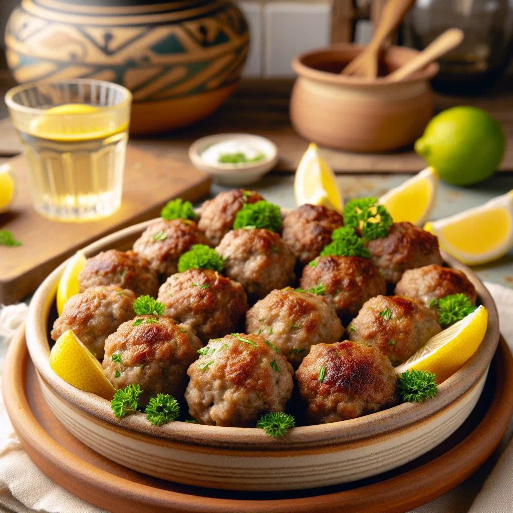 Golden-brown Greek keftedakia meatballs served with lemon wedges