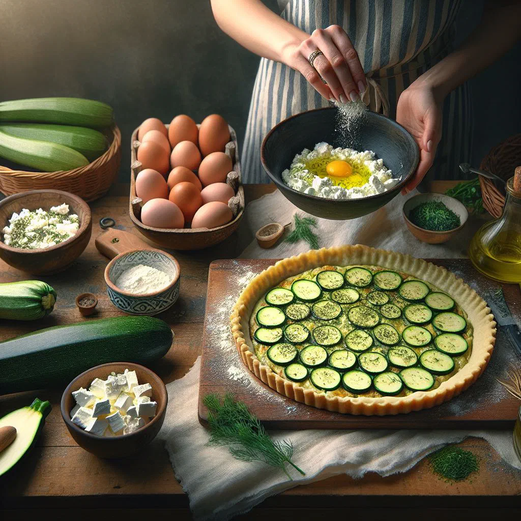 Golden Greek courgette tart with feta, sliced into wedges