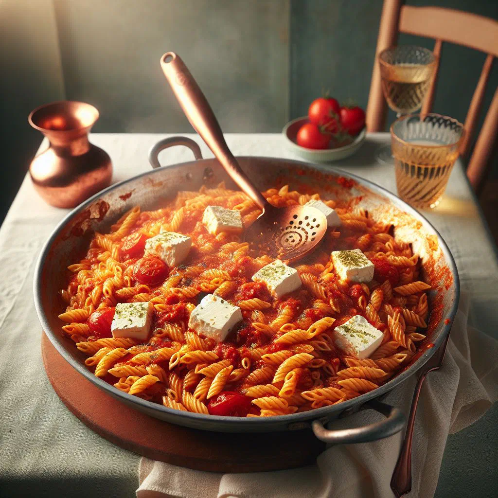 Kritharaki orzo pasta with crumbled feta and fresh parsley in a pan