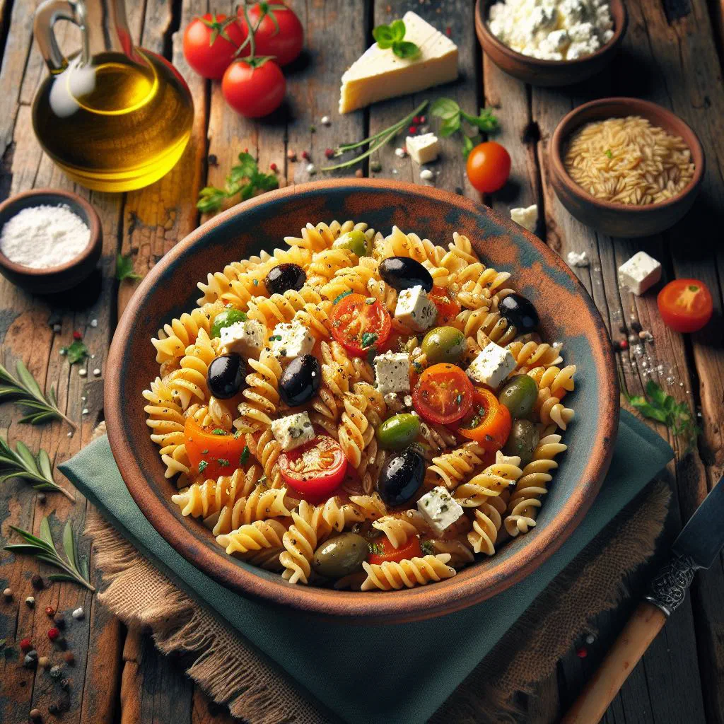 Creamy kritharoto with crumbled feta and fresh parsley in a deep bowl