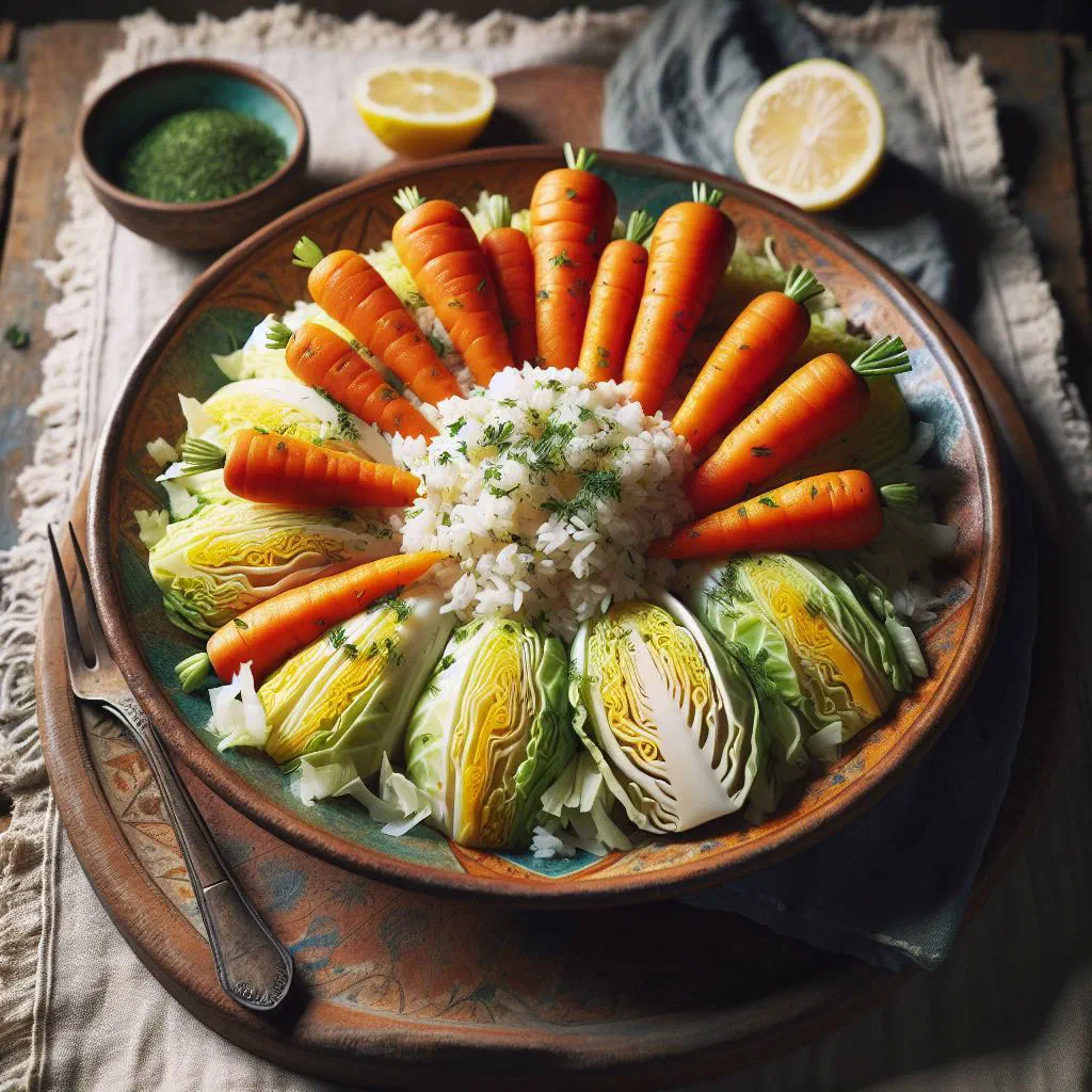 A bowl of Greek lachanorizo rice with grated carrots and fresh parsley