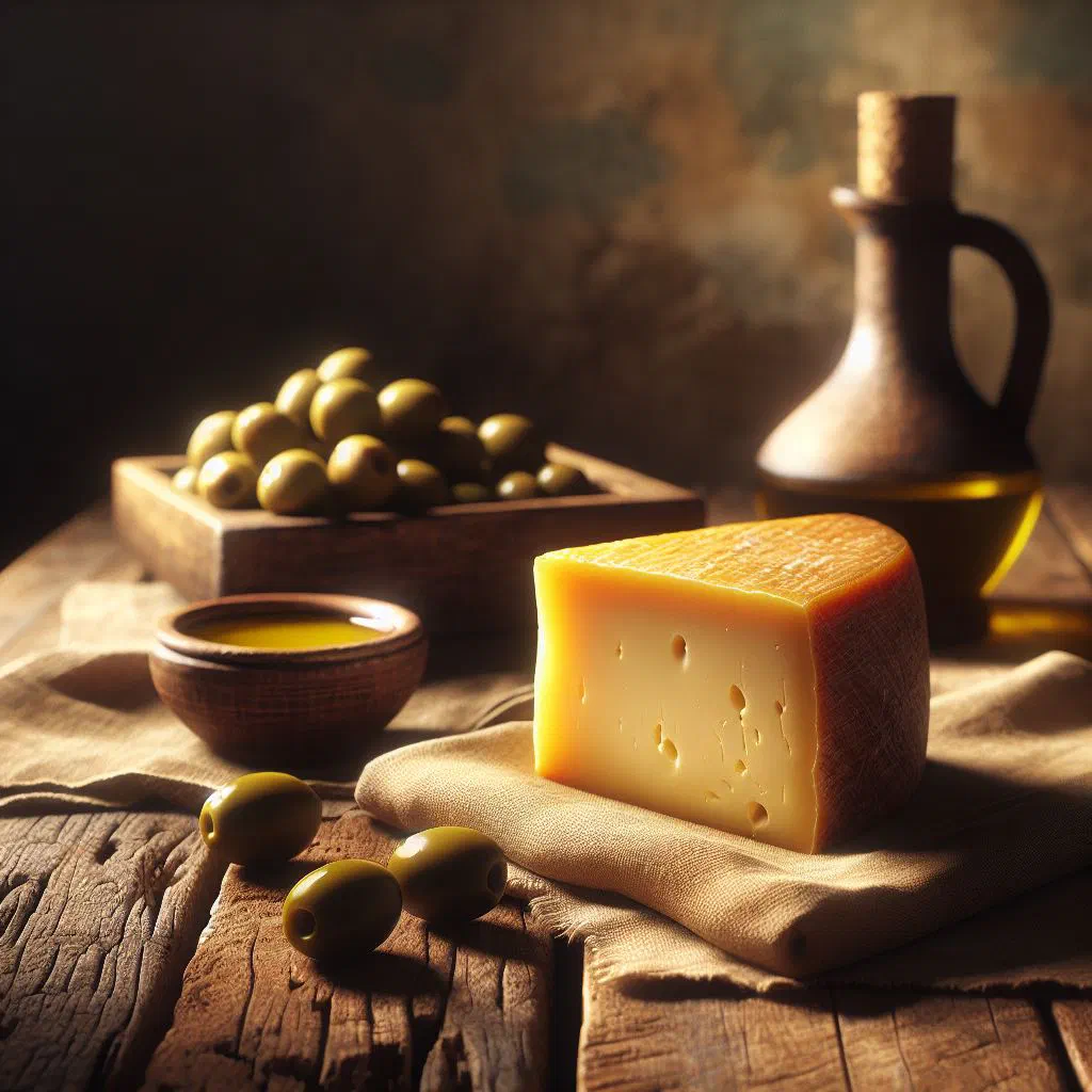 Ladotyri cheese cured in olive oil with fresh herbs on a wooden board