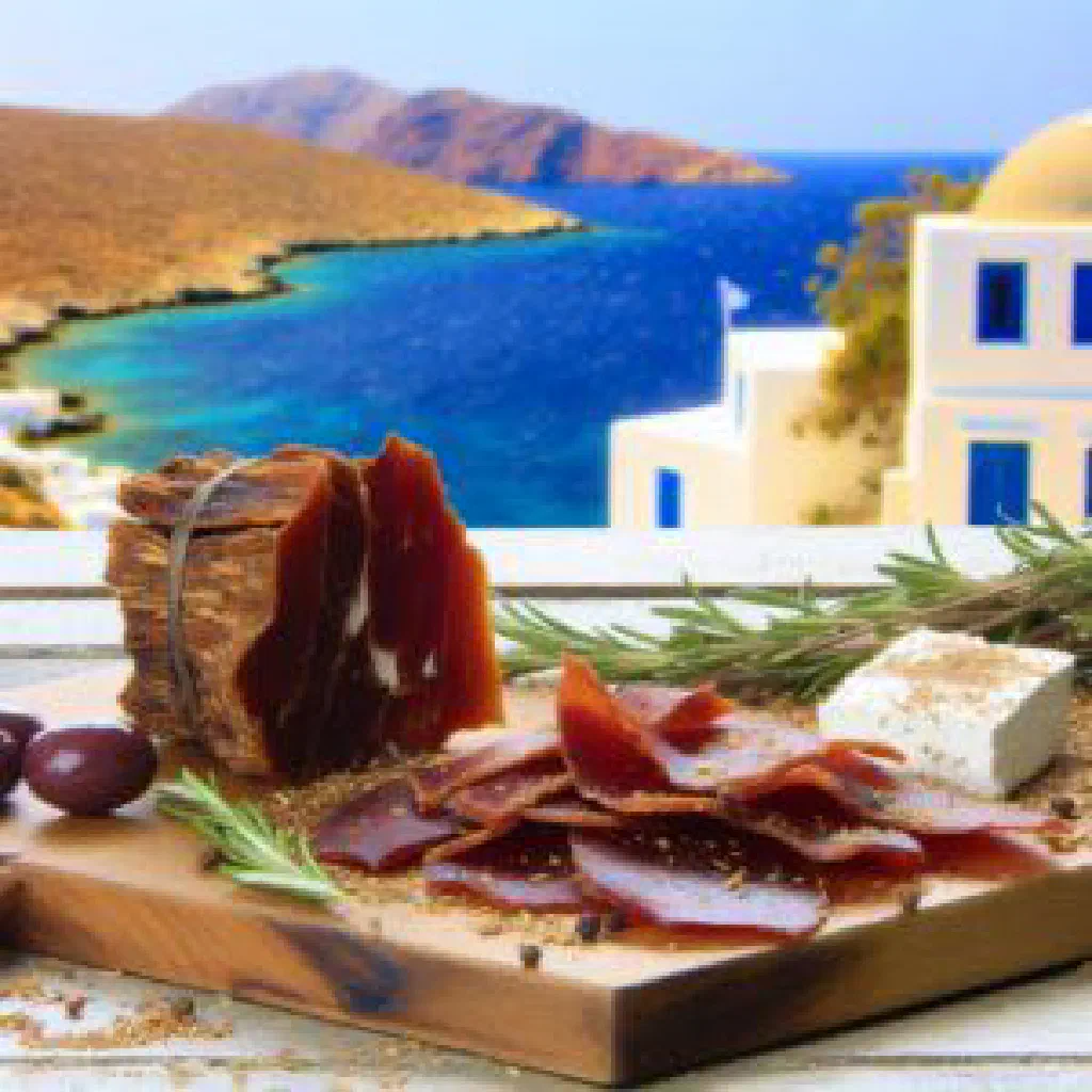 Sliced cured Louza pork served with bread and olives