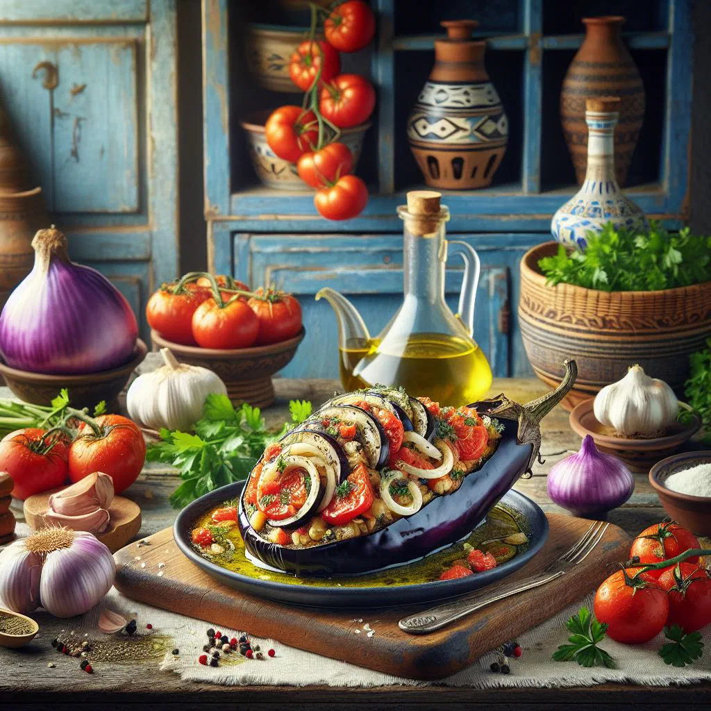 Baked aubergine melitzanes imam in a rich tomato and onion sauce, garnished with fresh basil